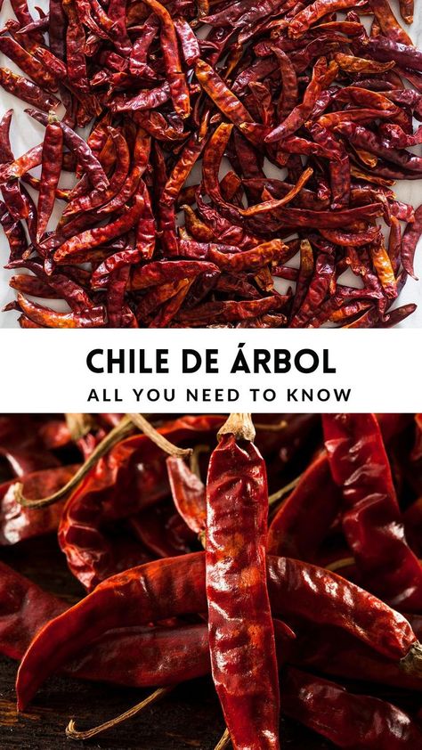 Collage with two photos of chile de arbol peppers and text overlay. Mexican Chili Sauce, Red Chile Sauce Recipe, Braised Pork Ribs, Dried Red Chili Peppers, Chili Pepper Recipes, Mexican Chili, Red Chile Sauce, Homemade Hot Sauce, Red Chili Sauce