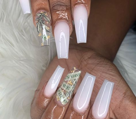 Gabriela | GC Nailed It on Instagram: “haven’t done money nails in forever but super happy with this outcome  Using @valentinobeautypure “Soft White” & a real dollar bill to…” Dollar Nails Designs, Dollar Bill Nails, Dollar Nails, Dollar Design, Money Nails, 100 Dollar Bill, Sculpted Nails, French Nail Designs, 100 Dollar