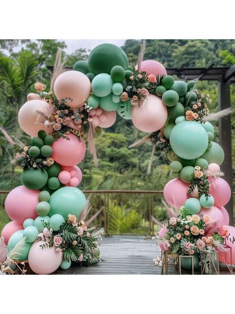 DOUBLE STUFFED GREEN PINK BALLOON ARCH:Package include double stuffed mint green/light green balloons(5"x10,12"x10,18''x1),Double Stuffed sage green balloons (5"x10,12"x10,18''x1),10pcs12inch Double Stuffed dusty green balloons,double stuffed pink balloons(5"x15,12"x10,18''x1),10pcs 12inch Double Stuffed light pink balloons,A 16ft balloon strip tape,1roll 100pcs glue point. A 33ft white curling ribbon. These paste Pink green balloon garland decoration kit can be make a beautiful statement piece Fairytale Balloon Arch, Pink And Green Graduation Party, Pastel Pink And Green Wedding, Pink And Green Balloon Arch, Green And Pink Party, Pink Balloon Arch, Pink Birthday Theme, Green Balloon Garland, Green Graduation Party