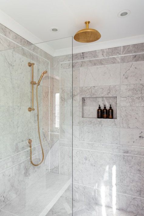 Shower Ceiling Ideas, Erin Kestenbaum, Pencil Tile, Coastal Connecticut, Shower Ceiling, Small Half Bathroom, Stone Shower, Dream Shower, Farmhouse Shower