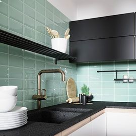 Green Metro Tiles, Brick Effect Tiles, Mint Green Kitchen, Mint Kitchen, Subway Tiles Bathroom, Metro Tiles, Tile Trends, Kitchen Splashback, Brick Tiles