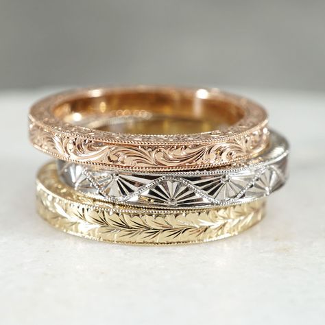 We offer a variety of hand engraving styles and have a talented hand engraver on staff.  Designed and created by Joseph Jewelry | Seattle, WA | Bellevue, WA | Online | Design Your Own Wedding Ring | #weddingring Jewelry Engraving, Wedding Art Deco, Hand Engraved Rings, Blue Sapphire Wedding Band, Unique Engagement Rings Rose Gold, Wedding Art, Engraved Jewelry, White Gold Band, Anniversary Gift For Her