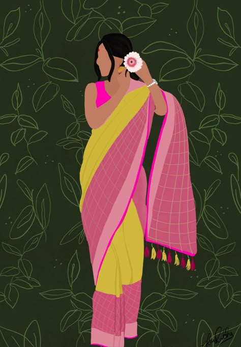 Indian Saree Illustration, Woman In Saree Illustration, Girl In Saree Illustration, Indian Woman Illustration, Indian Art Gallery, Desi Aesthetic, Female Art Painting, Illustration Art Girl, Comic Art Girls