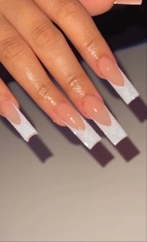 White Prom Nails Acrylic Square, White Glitter Prom Nails, White Glitter French Tip Nails Long, Graduation Nails Ideas 2023 White, White Prom Nails Square, Glitter White French Tip Nails, White French Tip Nails With Glitter, White Prom Nails Acrylic, White French Tip With Glitter