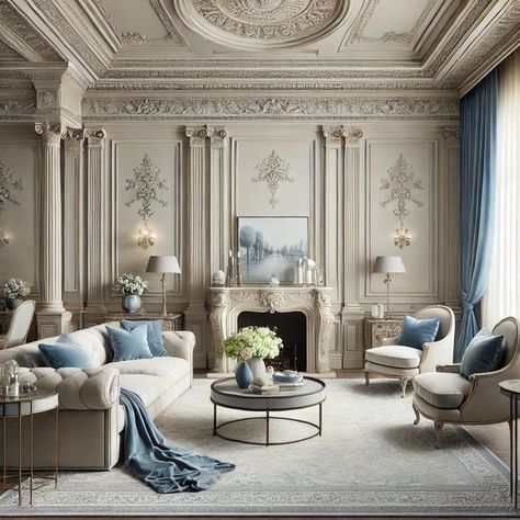 Luxury Neoclassical Interior, Neo Classical Living Room, Neoclassic Living Room, Neo Classic Living Room, Neoclassic Interior Design, Interior Design Penthouse, Neo Classical Interiors, Neoclassical Living Room, Ornate Fireplace