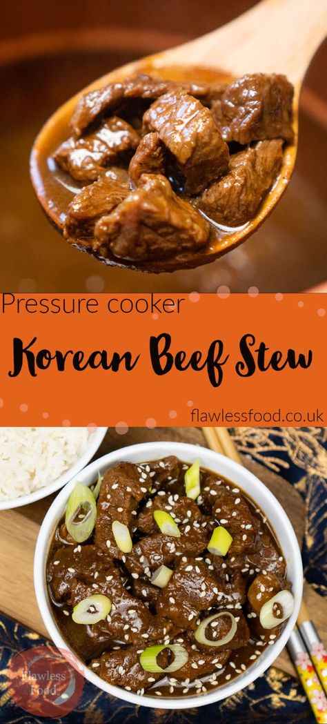 How to make Korean beef stew using a Pressure King Pro or Instant Pot, this diced beef recipe is ready in minutes. An easy and quick way to cook braising, casserole or stewing steak to a delicious melt in the mouth texture. Korean sauce made from soy sauce, garlic, chilli and ginger and beef stock. We give you step by step instructions for how to cook diced beef and how long to pressure cook, oven or slow cook. Measurements in UK & US measurement. Diced Beef Recipes, Korean Beef Stew, Korean Stew, Korean Sauce, Stewing Steak, Stew Beef, Stew Meat Recipes, Airfryer Recipes, Edible Creations