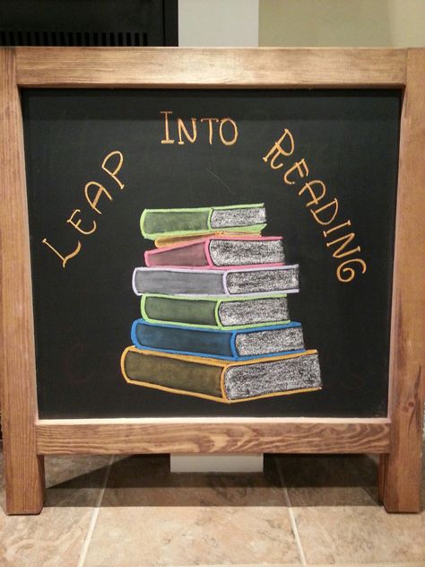 Leap into reading chalkboard Chalkboard Book Drawing, Book Club Chalkboard Art, Teacher Day Black Board Decoration, Book Chalkboard Art, Classroom Chalkboard Ideas, Blackboard Decoration Classroom, Chalkboard Art Classroom, Bookstore Chalkboard, Blackboard Decoration