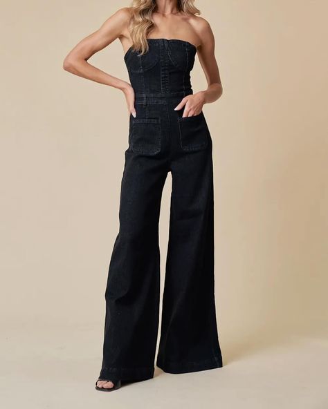 🆕🆕🆕🆕🆕 {ZORA WIDE LEG DENIM JUMPSUIT} Crafted in sleek black denim, this jumpsuit exudes timeless sophistication. Its strapless design and bustier top effortlessly blend elegance with a hint of edge, while the wide-leg silhouette ensures unrestricted movement. Plus, with its stretch fabric, it promises both style and comfort for any occasion. Elevate your wardrobe with this versatile statement piece that transitions seamlessly from day to night. Krista did a try on of this one and her... Bustier Top, Denim Jumpsuit, Wide Leg Denim, Black Denim, Stretch Fabric, Women Men, Wide Leg, Jumpsuit, Sleek