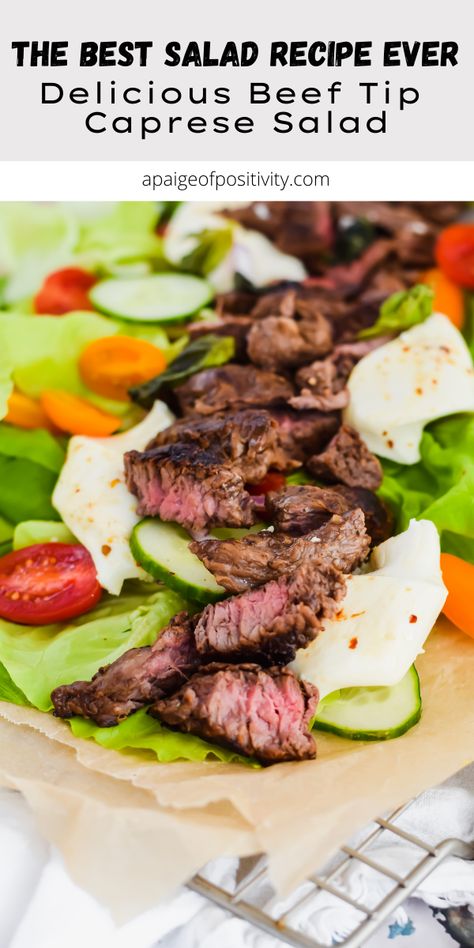 Caprese Steak Salad features perfectly seasoned, spiced, and seared sirloin beef tips over a bed of lusciously soft and sweet butter lettuce, fresh basil, cherry tomatoes, and soft mozzarella cheese. Serve it as a pregame to dinner or make it the star of the show. Either way, you'll impress! Caprese Steak, Sirloin Beef Tips, New York Strip, Butter Lettuce, Meat Delivery, Sirloin Tips, Macro Friendly Recipes, Sweet Butter, Tossed Salad