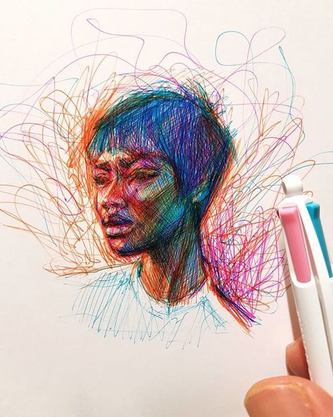 Scribble Color Pen Portraits. Click the image, for more art from Alberto Russo. Pen Portraits, Scribble Drawings, Biro Drawing, Biro Art, Ballpoint Pen Art, Scribble Drawing, Ink Pen Art, Ballpoint Pen Drawing, Scribble Art