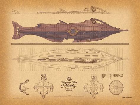 David McCamant | Nautilus Exterior Plan Nautilus Submarine, The Nautilus, Leagues Under The Sea, Sci Fi Ships, Jules Verne, Arte Fantasy, Retro Futurism, Dieselpunk, Character Design References