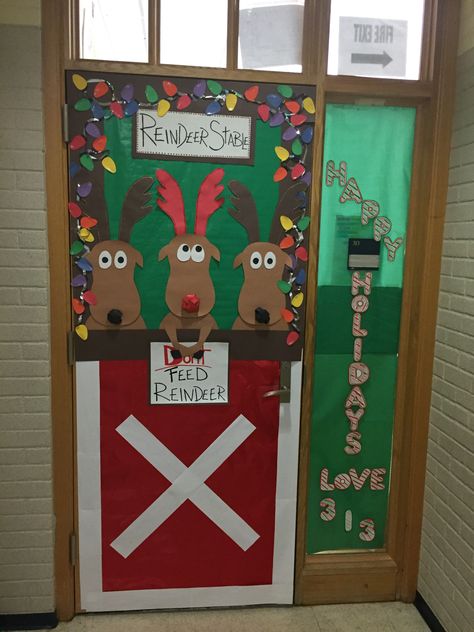 Christmas door, reindeer stable Reindeer Stable, Winter Classroom Door, Reindeer Door, Christmas Cubicle Decorations, Door Decorations Classroom Christmas, Classroom Christmas Decorations, Christmas Door Decorating Contest, Christmas Classroom Door, School Door Decorations