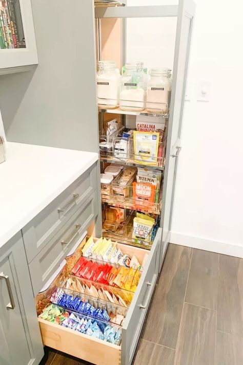 Snack Drawer Kitchen, Kitchen Snack Drawer, Pantry Snack Drawer, Kitchen Drawer Pantry, Pantry Organization Drawer, Pantry Drawer Storage, Pantry Drawers Organization, Kitchen Snack Storage Ideas, Snack Cupboard Organization