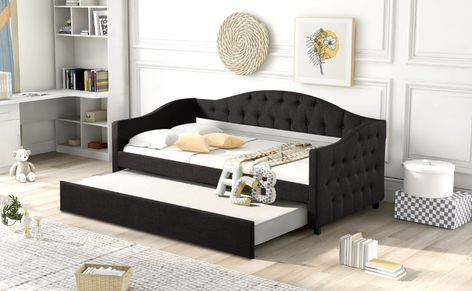 Upholstered Double Sofa Bed with Casters Grey Pull Out Sofa Versatile Guest Bed Ideal for Guest Room or Bedroom (mattress not included) - Walmart.com Daybed In Living Room, Trundle Daybed, Small Girls Bedrooms, Daybed Twin, Scotland House, Bunk Bed Twin, Spare Room Office, Guest Room Furniture, Navy Bedroom