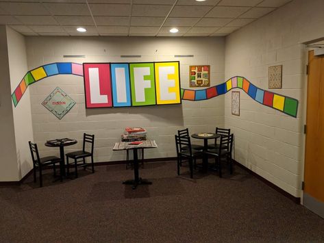 The Game of Life sermon series, entry way The Game Of Life Decorations, Large Board Game Decorations, Game Of Life Hallway Decorations, Game Of Life Decorations, Board Game Homecoming Floats, Video Game Hallway Theme, Board Games Homecoming Theme, Jesus Decor, Homecoming Week