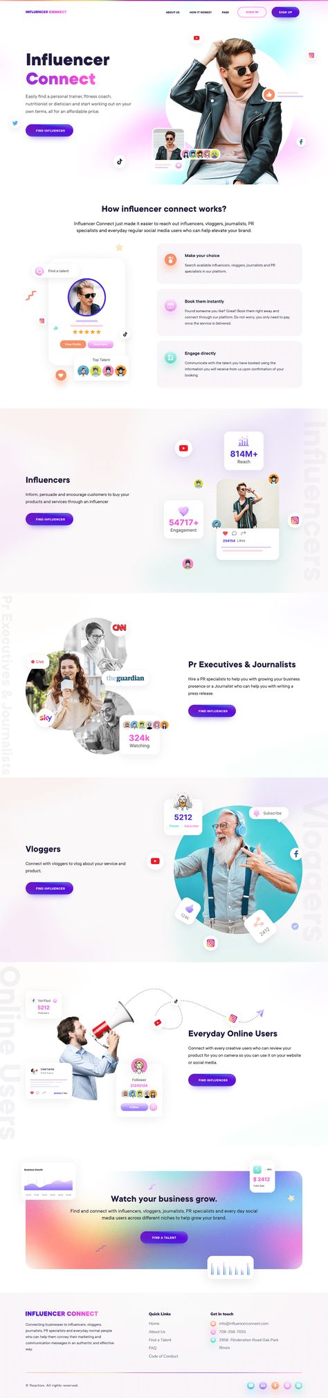 Influencer Marketing Website Landing Page Design on Behance Website Landing Page Design, Ui Ux Design Trends, Colorful Website Design, Bio Pool, Ux Design Trends, Focus On The Present, Website Design Trends, Website Landing Page, Photoshop Tutorial Design