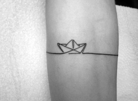 Simple Forearm Band Line Paper Boat Tattoo Designs For Men Boat Line Tattoo, Origami Boat Tattoo, Paper Ship Tattoo, Boat Tattoo Men, Simple Boat Tattoo, Serene Tattoo, Small Boat Tattoo, Origami Tattoo Ideas, Paper Boat Tattoo