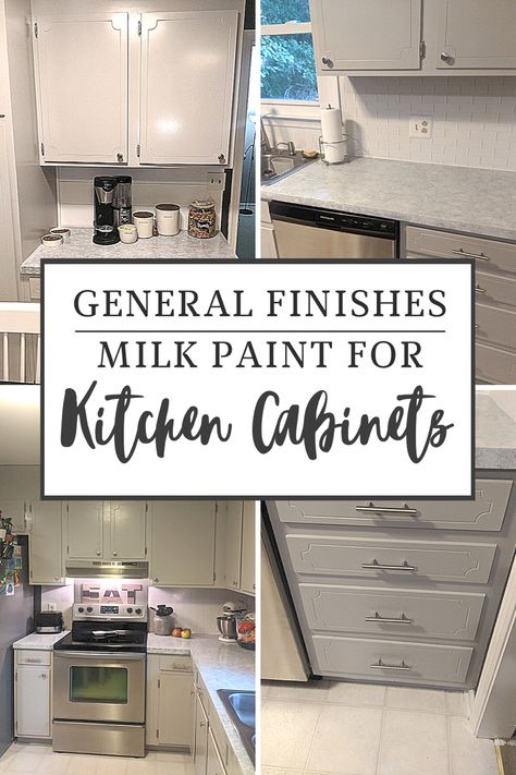 This pin shows 4 smaller photos of my painted kitchen cabinet makeover in light gray. The caption says General Finishes Milk Paint For Kitchen Cabinets Milk Paint Cabinets Kitchens, General Finishes Milk Paint Cabinets, Kitchen Cabinet Makeovers, Milk Paint Cabinets, Milk Paint Kitchen Cabinets, Paint For Kitchen, Giani Countertops, Repainting Kitchen Cabinets, Farmhouse Kitchen Countertops