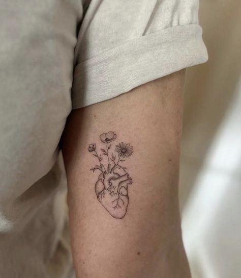 Heart Nurse Tattoo, Fine Line Anatomy Tattoo, Brain Heart Flower Tattoo, Floral Anatomical Heart Tattoo, Feminine Filler Tattoo Ideas, Biological Heart Tattoo, Healthcare Worker Tattoo, Heart With Birth Flowers Tattoo, Heart Inside Heart Tattoo