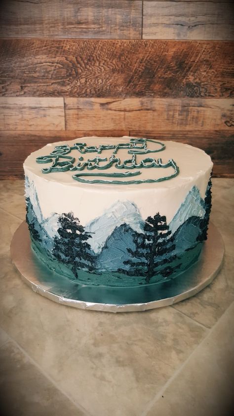 I used many different tools from a palette knife, fondant tools and paint brushes to achieve this look. I recommend crumb coat 1st, refrigerating or freezing until buttercream is set, Frost and smooth. And also, as you create the mountain layers, refrigerate or freeze in between layers of mountains and trees. These steps of setting the buttercream prevents the buttercream from mixing and unintentionally blending. Mountain Cake Design, Mountain Layers, 60th Cake, Crumb Coat, Mountain Cake, 11 Birthday, Cakes Decorating, Cake Tips, Mountains And Trees