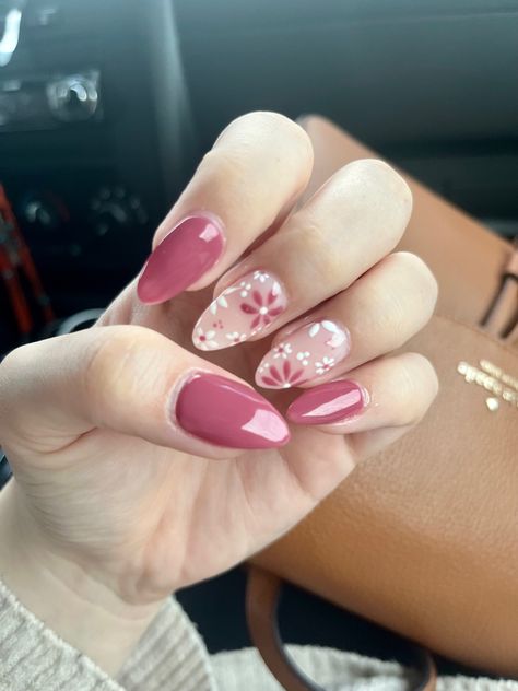 Almond Shape Nails Summer Colors, Pink Flower Acrylic Nails Almond, Nail Inspiration Almond Spring, Cute Simple Nail Ideas Almond Shape, Nail Inspo Almond Floral, Dark Pink Nails With Flowers, Short Almond Pink Nails Designs, Cute Spring Nails Almond Shape, Gel Nail Designs For Summer Almond Shape