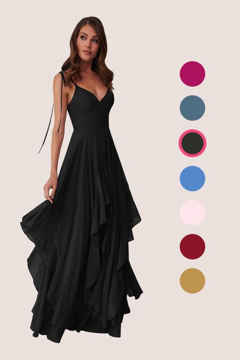 This flowy dress features double adjustable spaghetti straps with a bow tie at the shoulders, pockets, and a ruffled tier handkerchief cut skirt. Black Simple Bridesmaid Dresses, Black And White Bridesmaid Dresses, Black Dress Flowy, Moh Dress, Black Bridesmaid Dresses Long, Long Black Dress Formal, Black Bridesmaid Dress, Witch Wedding, Wedding Maids