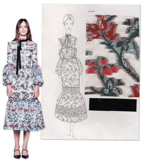 Erdem Moralioglu’s Spring Collection Is All Romantic, Prairie Vibes | Vanity Fair's Fanfair Fashion Folio, Editorial Cover, Designer Sketches, Ruffled Skirts, Floral Collage, Erdem Moralioglu, Fashion Sketch, Celebrity Street Style, Floor Length Dresses