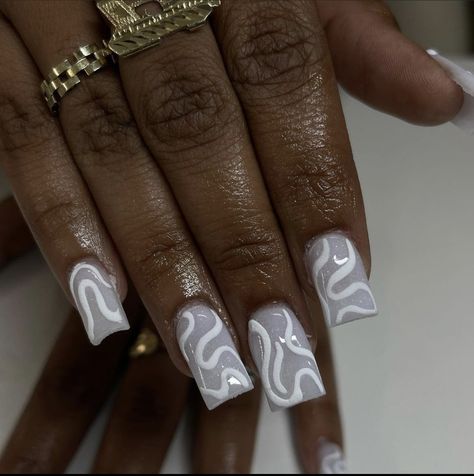 Hand Painted Acrylic Nails, Gray And White Nails, White Nails Acrylic Design, Short Nails Acrylic Square, Short Freestyle Nails, Studded Nails, Edgy Nails, Work Nails, Dope Nail Designs