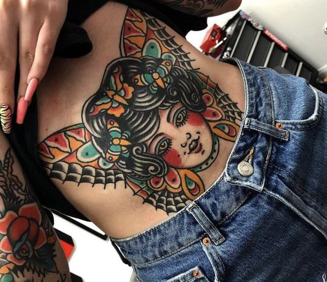 American Traditional Stomach Tattoo, Traditional Tattoo Girls, Trad Tattoos, Heavily Tattooed, Tummy Tattoo, Stomach Tattoos Women, Stomach Tattoo, Traditional Tattoo Inspiration, Belly Tattoos