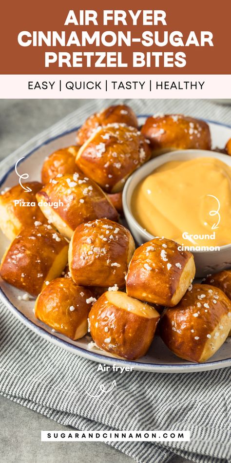 Sweet, warm, and irresistible! 🍩💖 These Air Fryer Cinnamon-Sugar Pretzel Bites are the perfect snack for any occasion. Soft, chewy pretzel bites coated in a sugary cinnamon coating, made in your air fryer in no time! Save this pin for your next baking adventure! 📌🍴 Air Fryer Sweet Recipes, Air Fryer Snacks Healthy, Simple Air Fryer Recipes, Air Fryer Appetizers, Cinnamon Sugar Pretzels, Pretzel Dough, Air Fryer Desserts, Air Fryer Recipes Snacks, Fast Snack