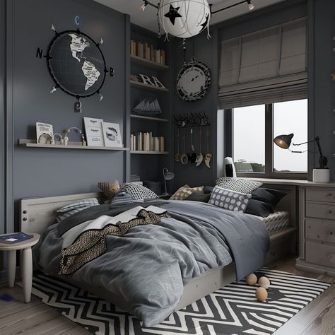 Grey Teenage Boys Room, Teenager Bedroom Boy Modern, Boys Monochrome Bedroom, Terrace Bedroom Ideas, Teen Boy Bedroom Aesthetic, Boys Rooms Ideas, Older Boys Bedroom Ideas, Boys Bedroom Light, Older Boys Bedrooms