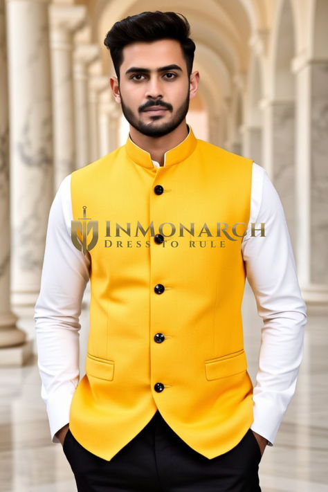 Shop Yellow Mens Nehru Vest for Wedding - InMonarch Fitted Yellow Nehru Jacket For Festive Occasions, Luxury Yellow Nehru Jacket For Festivals, Festive Designer Yellow Nehru Jacket, Fitted Yellow Nehru Jacket, Luxury Fitted Yellow Nehru Jacket, Mens Wear Wedding, Collar Vest, Yellow Outfit, Mens Vest