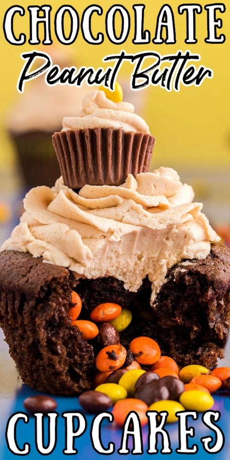 Chocolate Peanut Butter Cupcakes (With Surprise Filling) packs the center of rich and moist chocolate cupcakes with mini Reese's Pieces! This exciting treat is then finished off with the best homemade peanut butter frosting! via @sugarandsoulco Homemade Peanut Butter Frosting, Moist Chocolate Cupcakes, Chocolate Peanut Butter Cupcakes, Chocolate Cupcakes Moist, Reese's Pieces, Peanut Butter Cupcakes, Butter Cupcakes, Peanut Butter Frosting, Homemade Peanut Butter