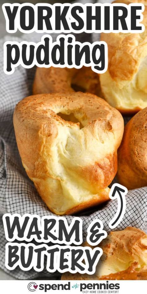 Yorkshire pudding is warm and pillowy soft with crispy edges. It's a simple-to-bake delight! Combine eggs, milk, flour, and fat for the classic batter for British “yorkies”. Employ a few techniques to achieve impressively puffed-up puddings! Much like American popovers, British Yorkshire pudding is a savory, buttery baked treat using eggs, milk, flour, and fat. #spendwithpennies #yorkshirepudding #easyyorkshirepudding #yorkshirepuddingrecipe Stuffed Yorkshire Pudding, Pudding Rolls, Homemade Yorkshire Pudding, Baked Pudding, How To Make Yorkshire Pudding, Yorkshire Pudding Batter, Veggie Bake, Easy Pudding Recipes, Popover Recipe