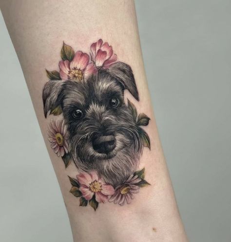 Dog And Sunflower Tattoo, Dog And Flower Tattoo Ideas, Dog Tattoo Flowers, Dog Portrait Tattoo Flowers, Dog And Flower Tattoo, Floral Dog Tattoo, Dog Flower Tattoo, Schnauzer Tattoo Ideas, Black Dog Tattoo