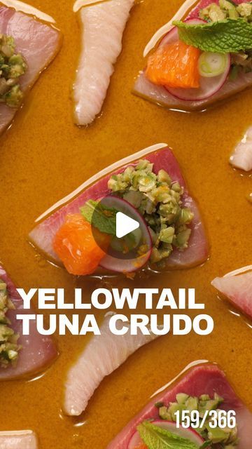 Michael Tchao on Instagram: "YELLOWTAIL CRUDO

So fresh and bright n Spring time yellowtail hamachi Crudo! What a treat

Hamachi 
Chopped olives
Mint
Scallion
Cara Cara orange
Meyer lemon

#asmr #crudo #hamachi #yellowtail" Yellowtail Crudo, Monkfish Cheeks Recipes, Fish Crudo, Hamachi Crudo, Citrus Cured Salmon, Yellow Tang Fish, Meyer Lemon, So Fresh, Spring Time