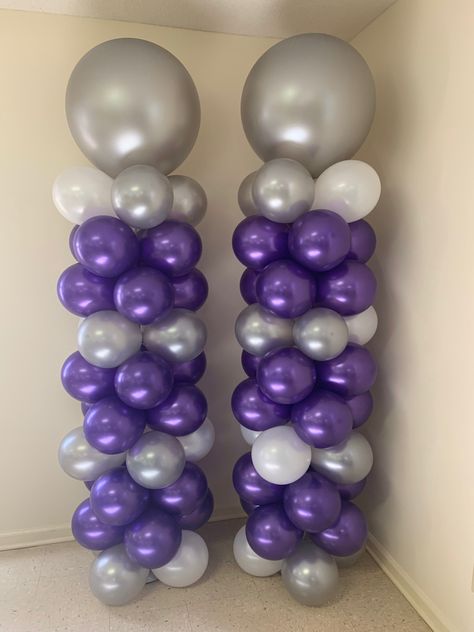 Purple Birthday Party Decorations, Purple Party Decorations, Silver Party Decorations, Purple And Silver Wedding, Purple Birthday Party, Quince Decorations, Purple Balloons, Balloon Stands, Purple Birthday