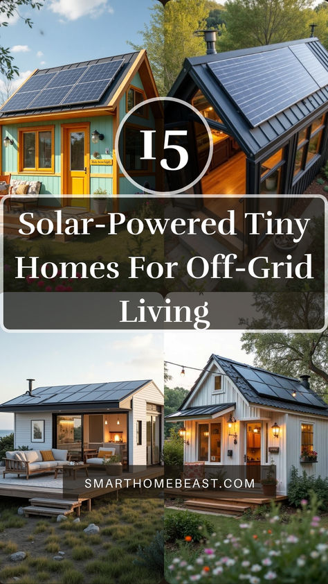 An image showcasing various solar-powered tiny homes with modern, sustainable designs, highlighting energy-efficient features and compact layouts. Sustainable Off Grid Home, Off Grid Home Plans, Earthship Home Cold Climate, Sustainable House Design Eco Friendly, Off Grid Living Aesthetic, Eco Friendly House Architecture, Off The Grid Homes, Sustainable Home Design Eco Friendly, Tiny Homes Ideas