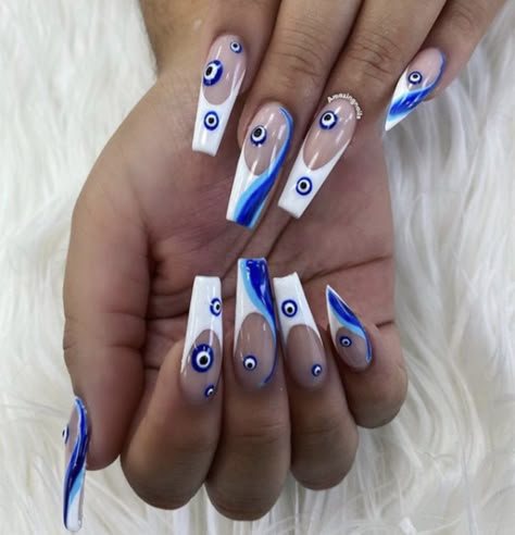 Nails Evil Eye, Light Blue Nail Polish, Multi Colored Eyes, Evil Eye Nails, Royal Blue Nails, Coat Guide, Eye Nails, Long Acrylic Nails Coffin, Dotting Tool