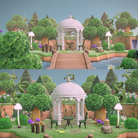 Acnh Gazebo Area, Animal Crossing Gazebo Ideas, Gazebo Animal Crossing, Pergola Acnh, Acnh Sitting Area, Acnh Gazebo Ideas, Acnh Gazebo, Acnh Fairycore Entrance, Acnh Pergola Ideas