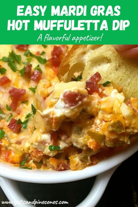 Easy Mardi Gras Hot Muffuletta Dip is a tantalizing appetizer made with tasty green olives, salami, provolone cheese, and tangy giardiniera. #mardigras #dip #chips #appetizer #snack Muffuletta Dip, Mardi Gras Food, Easy Holiday Recipes, Provolone Cheese, Green Olives, Southern Cooking, Yummy Dips, Christmas Appetizers, Dip Recipe