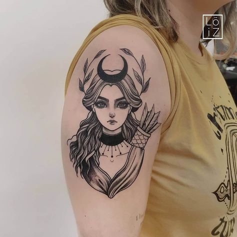 Elegant Black Ink Artemis Tattoos Greek Goddess Tattoo, Artemis Tattoo, Artemis Goddess, Tatoo Inspiration, Girl Back Tattoos, Greek Mythology Tattoos, God Tattoos, Witch Tattoo, Skeleton Hand Tattoo