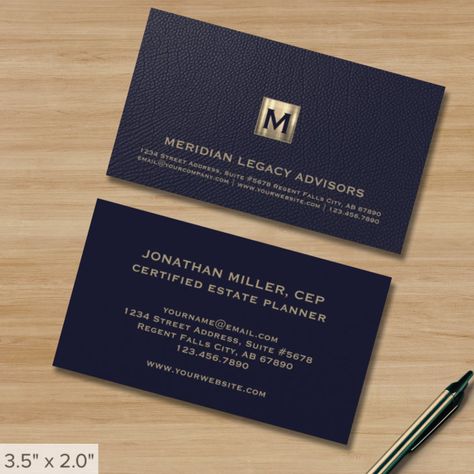 Luxe Navy Gold Business Card with Business Monogram for Professional Branding Luxury Monogram, Classic Typography, Monogram Business, Blue Business Card, Gold Business Card, Premium Business Cards, Red Vines, Blue Backdrop, Print Background