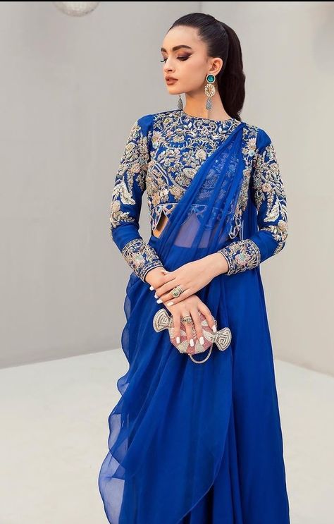 Royal blue saree for evening events Blue Pakistani Dress, Eid Dress Ideas, Indo Western Saree, Blue Contrast Color, Royal Blue Saree, Eid Dresses, Embroidered Lace Fabric, Royal Blue Dress, Blue Saree