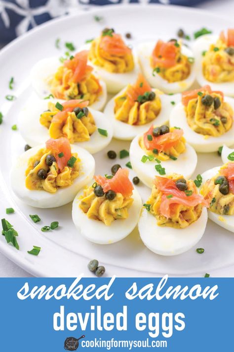 Smoked Salmon Deviled Eggs! Easy deviled eggs with smoked salmon, capers, and chives are perfect for a party. They are quick and easy to make! #cookingformysoul Antipasto Ideas, Smoked Salmon Deviled Eggs, Salmon Deviled Eggs, Easy Deviled Eggs, Salmon Capers, Devil Eggs, Classic Deviled Eggs, Spring Appetizers, Cream Of Asparagus Soup