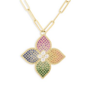 Roberto Coin 18K Yellow Gold Venetian Princess Diamond (0.35 ct. t.w.), Green Tsavorite (0.47 ct. t.w.) & Multi-Sapphire (1.55 ct. t.w.) Floral Pendant Necklace, 33 Floral Pendant Necklace, Rainbow Sapphires, Multi Sapphire, Roberto Coin, Halo Pendant, Floral Pendant, Princess Diamond, All That Glitters, Gold Jewelry