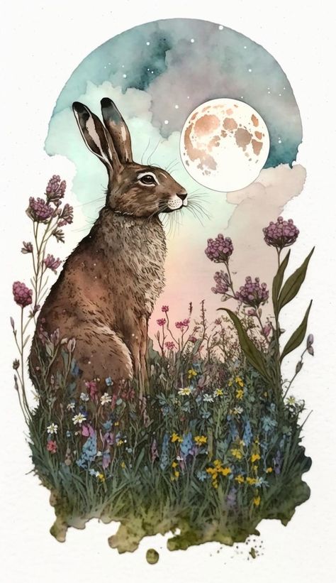 Ostara Illustration, Illustration Lapin, Ostara Aesthetic, Rabbit Spirit Animal, Easter Hare, Rabbit Artwork, Hare Painting, Woodland Rabbit, Rabbit Pictures