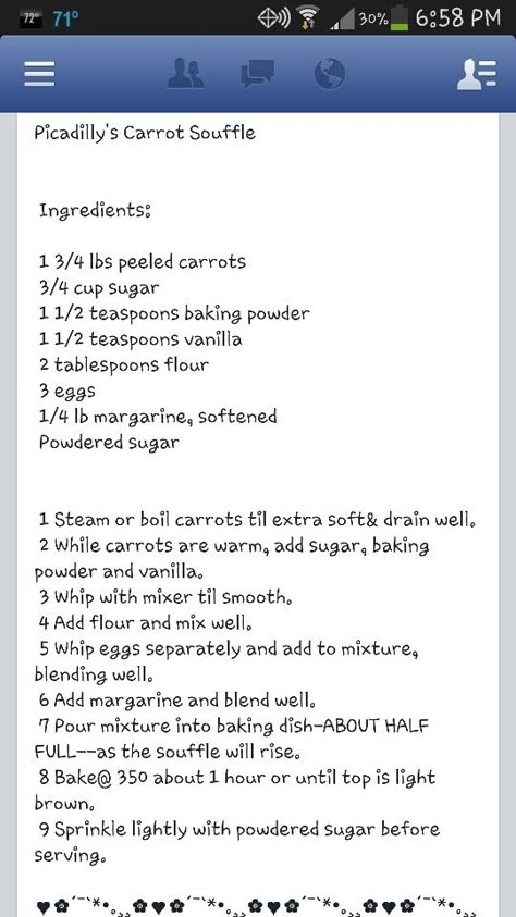 Carrot souffle Carrot Souffle Piccadilly, Broccoli Souffle, Carrot Souffle, Baby Carrot Recipes, Thanksgiving Meals, Thanksgiving Foods, Souffle Recipes, Meat Dish, Trisha Yearwood