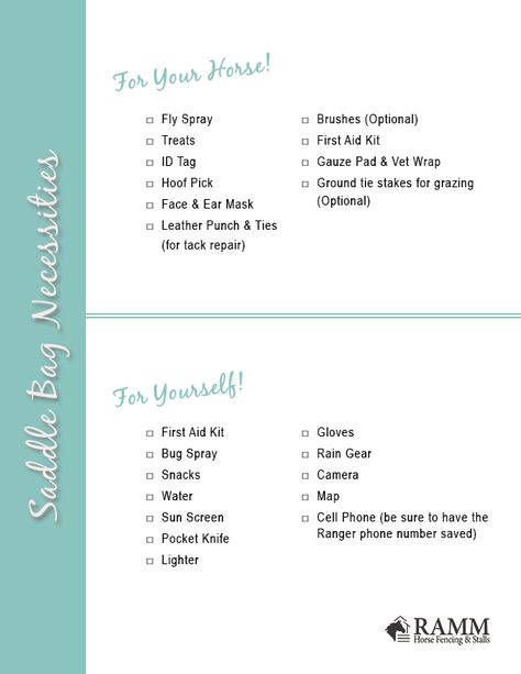 First Horse Checklist, Horse Necessities, Horse Saddle Bags Trail Riding, New Horse Owner Checklist, Horse Supplies Checklist, Camping With Horses Checklist, Horse Packing Equipment, Saddle Bag For Horses, Bag Necessities