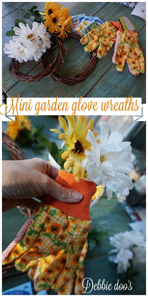 Mini dollar tree garden glove grapevine wreaths Hose Wreaths, Dollar Tree Garden, Diy Garden Landscaping, Tree Wreaths, Garden Boxes Diy, Garden Gloves, Garden Rake, Easy Diy Wreaths, Diy Spring Wreath